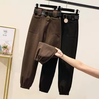 DIMANAF Без ремня 2024 Осень Длинные брюки Женская одежда Свободные повседневные брюки с эластичной талией Винтажный хлопок Без ремня XL чёрный