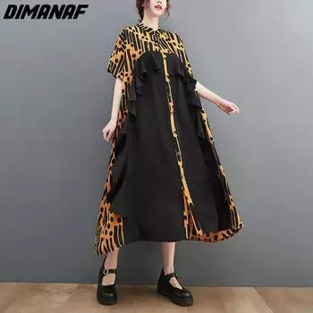 DIMANAF Блузка больших размеров, женское платье 2023, новинка летнего стиля, рубашка с рисунком, платья с принтом, свободные платья с круглым вырезом, новинка