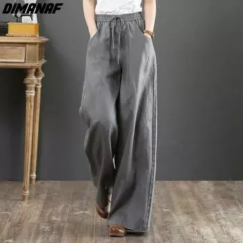 DIMANAF Большие размеры 2021, женские льняные брюки, эластичные винтажные корейские летние базовые женские модные брюки в полоску, широкие свободные брюки оверсайз L синий