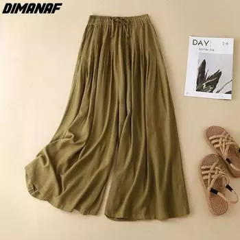 DIMANAF Большие размеры 2022, новые женские льняные широкие брюки, летние базовые эластичные винтажные однотонные свободные длинные брюки