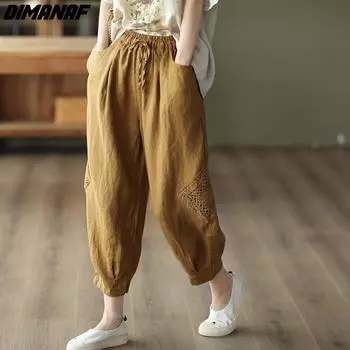 DIMANAF Большие размеры 2022, новые женские льняные шаровары, летние эластичные винтажные кружевные однотонные свободные длинные брюки M белый