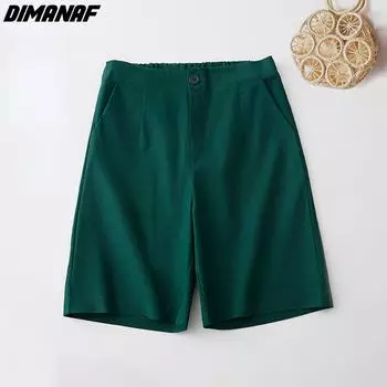 DIMANAF Большие размеры 2022 Новые женские шорты льняные летние эластичные винтажные однотонные свободные желто-зеленые белые брюки