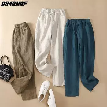 DIMANAF Большие размеры 2022, новые женские льняные широкие брюки с эластичной резинкой на талии, летние винтажные однотонные свободные длинные брюки M коричневый