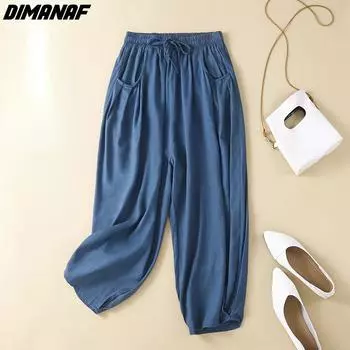DIMANAF Большие размеры 2022, новые женские льняные шаровары, летние эластичные винтажные однотонные свободные длинные желтые, белые, синие брюки