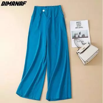 DIMANAF Большие размеры 2022, женские льняные брюки, летние эластичные широкие брюки, винтажные свободные брюки с высокой талией, синий, зеленый M бежевый
