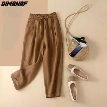 DIMANAF Большие размеры 2022, женские льняные брюки-шаровары, летние эластичные винтажные модные свободные большие белые брюки с вышивкой