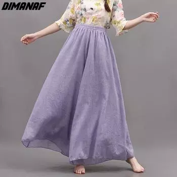 DIMANAF Большие размеры 2022, женские льняные широкие брюки, винтажные корейские базовые женские брюки, широкие льняные брюки оверсайз, однотонные модные свободные брюки one size жёлтый