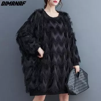 DIMANAF Большие размеры 2023, осень-зима, новое модное женское бархатное свободное платье-рубашка с кисточками, утепленное, оверсайз