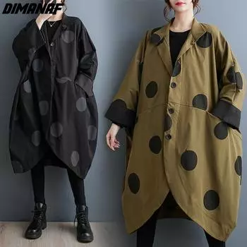 DIMANAF Большие размеры 2023, осенне-зимние новые куртки, свободные куртки с рукавами «летучая мышь» в горошек, винтажный черный повседневный плащ с принтом, длинное пальто One Size чёрный