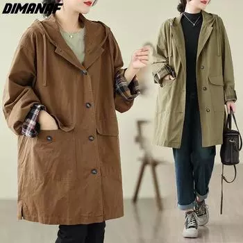 DIMANAF Большие размеры 2023, осенне-зимние новые женские куртки, длинный плащ с капюшоном, свободная повседневная одежда, хлопковая верхняя одежда