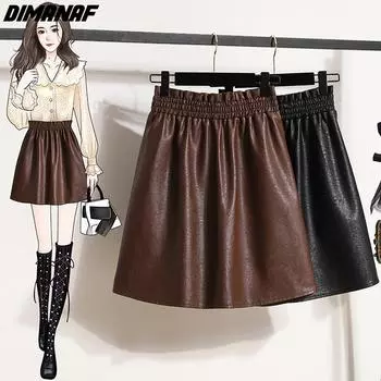 DIMANAF Большие размеры 2023, осенне-зимняя новая юбка из искусственной кожи, большой размер, эластичная талия, модная юбка трапециевидной формы, черная S чёрный