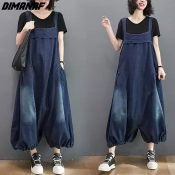 DIMANAF Большие размеры 2023 Женские комбинезоны Однотонные комбинезоны Короткие брюки Джинсы Брюки Винтажные карманы Уличная одежда Свободные повседневные японские комбинезоны 2XL M синий