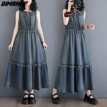 DIMANAF Большие размеры 2024, летнее женское джинсовое платье без рукавов, повседневное свободное длинное винтажное плиссированное платье большого размера