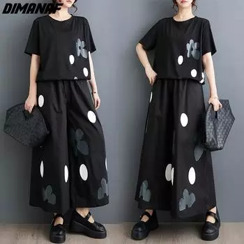 DIMANAF Большие размеры 2024, летние брючные костюмы, женские модные комплекты, свободные черные повседневные костюмы в горошек с принтом, новая одежда больших размеров