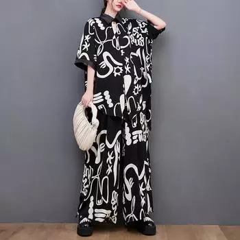 DIMANAF Большие размеры 2024, летние брючные костюмы, женские модные комплекты с принтом, костюмы, блузки, рубашки, шифоновая свободная повседневная одежда