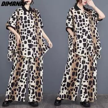 DIMANAF Большие размеры 2024, летние брючные костюмы, женские комплекты с леопардовым принтом, черные свободные повседневные блузки большого размера, рубашки, длинные брюки, одежда