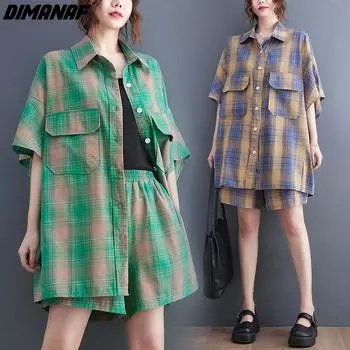 DIMANAF Большие размеры 2024, летние брючные костюмы, женские комплекты с клетчатым принтом, костюмы, блузки, рубашки, повседневные шорты, хлопковая свободная одежда