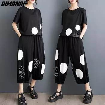 DIMANAF Большие размеры 2024, летние брючные костюмы, женские винтажные комплекты, свободные повседневные широкие брюки, топы, одежда оверсайз