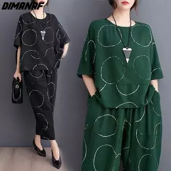 DIMANAF Большие размеры 2024, летние брючные костюмы, женские комплекты с рукавами «летучая мышь», свободные блузки, рубашки, шаровары, повседневная винтажная одежда