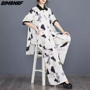 DIMANAF Большие размеры 2024, летние брючные костюмы, женские модные черные комплекты с принтом, костюмы, шифоновая свободная блузка, рубашки, длинные брюки, повседневная одежда
