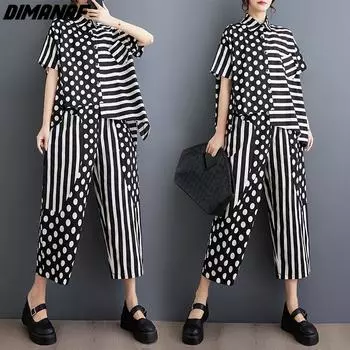 DIMANAF Большие размеры 2024, летние брючные костюмы, женские модные комплекты, свободная повседневная мягкая одежда больших размеров с короткими рукавами и полосатым принтом