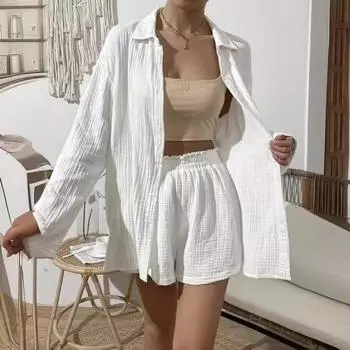 Dimanaf Большие размеры 2024, летние брючные костюмы, женские однотонные повседневные однотонные блузки с длинными рукавами, модные шорты, свободная одежда