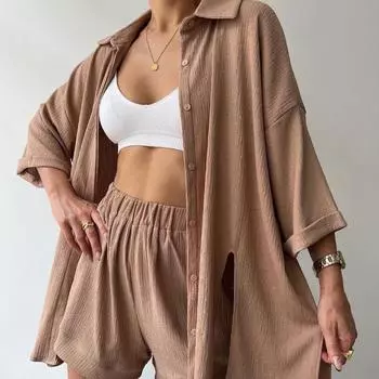 DIMANAF Большие размеры 2024, летние брючные костюмы, женские однотонные повседневные однотонные блузки с короткими рукавами, рубашки, шорты, свободная одежда