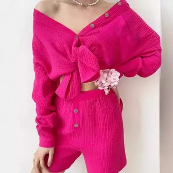 DIMANAF Большие размеры 2024, летние брючные костюмы, женские однотонные комплекты, блузка с длинными рукавами, рубашки, повседневные шорты, свободная одежда