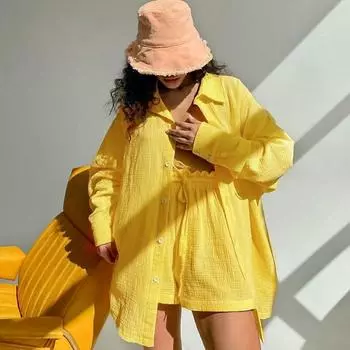 DIMANAF Большие размеры 2024, летние брючные костюмы, женские однотонные повседневные однотонные блузки с длинными рукавами, рубашки, шорты, свободная одежда