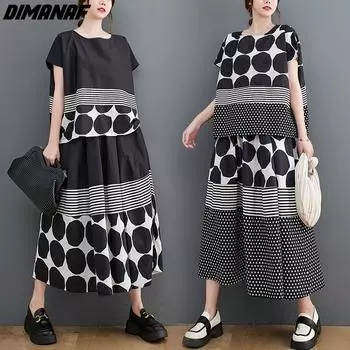 DIMANAF Большие размеры 2024, летние костюмы с юбкой, женские комплекты с принтом в горошек, костюмы, блузка, повседневные рубашки, свободная длинная юбка, новая одежда