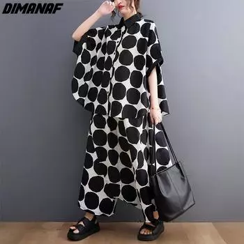 DIMANAF Большие размеры 2024, летние новые брючные костюмы, женские комплекты с короткими рукавами, костюмы, блузка, повседневные рубашки, черный свободный костюм в горошек