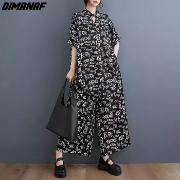 DIMANAF Большие размеры 2024, летние новые брючные костюмы, женские модные комплекты с принтом, костюмы, блузка, повседневные рубашки, свободные длинные брюки, одежда