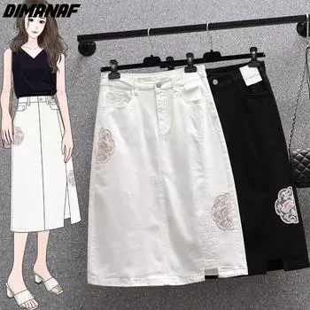 DIMANAF Большие размеры 2024, летние женские юбки, женские джинсовые модные джинсовые юбки трапециевидной формы, свободная черная эластичная талия, новинка
