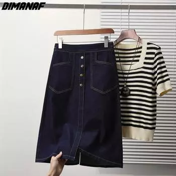 DIMANAF Большие размеры 2024, летние женские юбки, женские джинсовые модные шорты, джинсовая юбка трапециевидной формы, синяя эластичная талия с разрезом