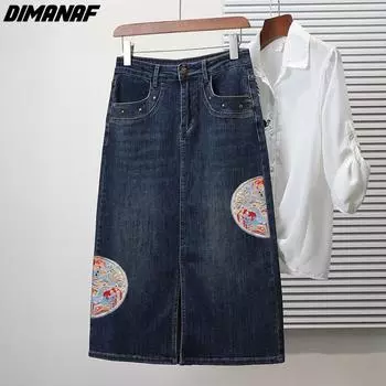 DIMANAF Большие размеры 2024, летние женские юбки, женские джинсовые модные джинсовые юбки трапециевидной формы с разрезом, синяя эластичная талия, новинка