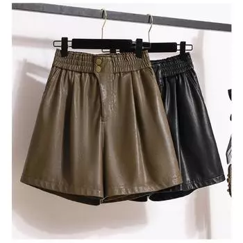 DIMANAF Большие размеры 2024, осень-зима, новые повседневные шорты из искусственной кожи с высокой талией, женские свободные широкие брюки, короткие брюки S чёрный