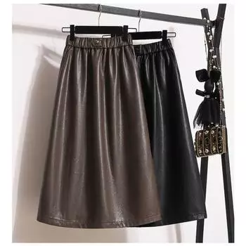 DIMANAF Большие размеры 2024, осенне-зимняя новая юбка из искусственной кожи, однотонная элегантная модная юбка трапециевидной формы с эластичной резинкой на талии, юбка с разрезом