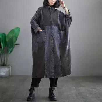 DIMANAF Большие размеры 2024, весеннее женское джинсовое пальто из сращенного хлопка с пуговицами, повседневная винтажная длинная куртка, свободные большие карманы XL синий