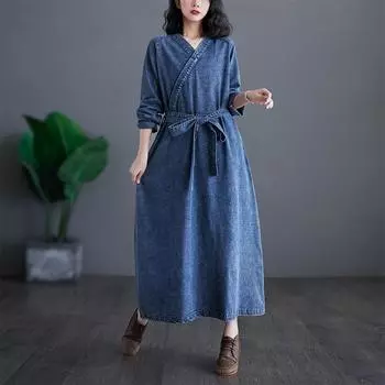 DIMANAF Plus Size 2025 Весна Женское Джинсовое Платье Хлопок Повседневный Винтажный Пояс Свободное Платье Оверсайз Длинный Рукав Базовый A XL синий