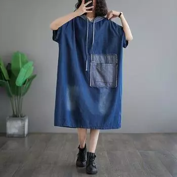 DIMANAF Большие размеры 2024, весеннее женское джинсовое платье, шляпа, повседневное винтажное свободное платье с длинными рукавами и карманами XL синий