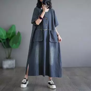 Dimanaf Большие размеры 2024, весеннее женское джинсовое платье, хлопковое повседневное винтажное свободное платье с длинными рукавами и карманами M синий