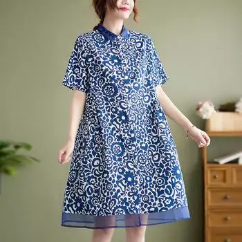 DIMANAF Большие размеры 2024, весна-лето, женское платье, элегантное женское длинное платье, свободное платье-рубашка больших размеров, винтажное синее платье с цветочным принтом