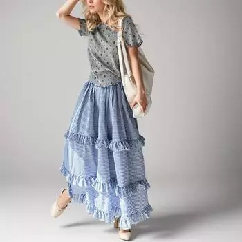 DIMANAF Большие размеры 2024, женская длинная юбка, летняя сращенная базовая эластичная талия в клетку, синяя, базовая, свободная