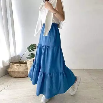 DIMANAF Большие размеры 2024, женская длинная юбка, летняя джинсовая юбка с эластичной резинкой на талии, синяя, базовая, свободная 2XL