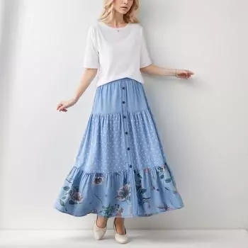 DIMANAF Большие размеры 2024, женская длинная юбка с цветочным принтом, летняя джинсовая ткань, базовая эластичная резинка на талии, синяя, базовая, свободная