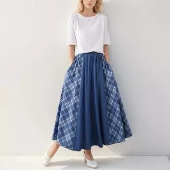 DIMANAF Большие размеры 2024, женская юбка, летняя джинсовая клетчатая базовая юбка с эластичной резинкой на талии, синяя, базовая, свободная