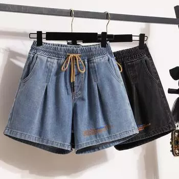 DIMANAF Большие размеры 2024, женские брюки, летние короткие джинсы, джинсовые брюки с эластичной резинкой на талии и вышивкой букв, базовые женские модные свободные брюки оверсайз