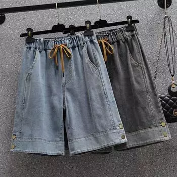 DIMANAF Большие размеры Женские брюки Летние короткие джинсы Джинсы оверсайз Эластичный пояс Модные свободные брюки Базовые шорты XL синий