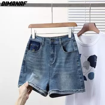 DIMANAF Большие размеры 2024, женские брюки, летние короткие джинсы, джинсовые 5XL, однотонные свободные брюки большого размера с эластичной резинкой на талии, синие базовые шорты