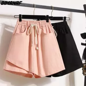 DIMANAF Большие размеры 2024, женские брюки, летние короткие джинсы, джинсовые свободные брюки трапециевидной формы с эластичной резинкой на талии, базовые черные шорты